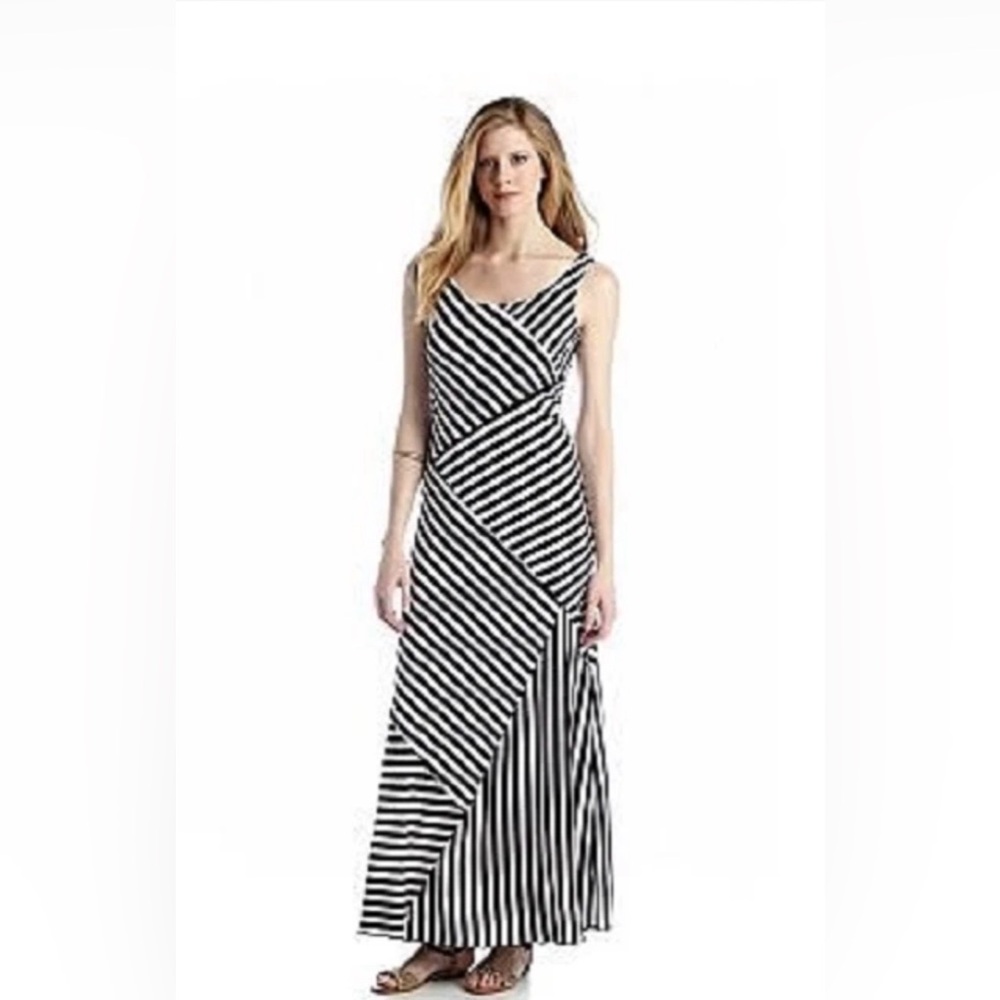 New AGB Size 14 Blue Tan Sleeveless Striped Jersey Maxi Dress Indie Sleaze Boho
